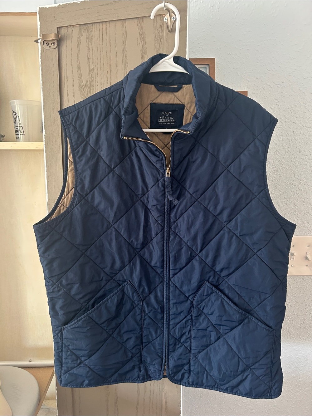 J. Crew Quilted Navy Vest with Tan Interior